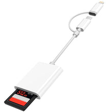 Load image into Gallery viewer, SD Card Reader for iPhone iPad, Dual USB-C & Lightning Connector Memory SD Card Adapter, Support SD/MicroSD Cards, High-Speed Trail Camera Viewer, Plug and Play