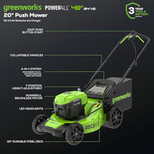 Load image into Gallery viewer, Greenworks 48V (24V x 2) 20" Brushless Cordless Lawn Mower + 12" String Trimmer + 320 CFM Leaf Blower Combo Kit with (2) 4.0Ah Batteries & Dual Port Fast Charger