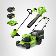 Load image into Gallery viewer, Greenworks 48V (24V x 2) 20" Brushless Cordless Lawn Mower + 12" String Trimmer + 320 CFM Leaf Blower Combo Kit with (2) 4.0Ah Batteries & Dual Port Fast Charger