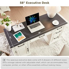 Load image into Gallery viewer, JXQTLINGMU 58" Executive Desk, Farmhouse Computer Desk with Drawers and Cabinet, Embossed Texture Home Office Desk, Workspace for Work Study Writing, Off White