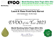 Load image into Gallery viewer, Laurel & Flame Fresh - Extra Virgin Olive OIl - Polyphenol Rich (823 MG/KG) - USDA Organic - 56X Hydroxytyrosol Polyphenols - Early Harvest - Single Origin - Monovarietal - EVOO of the Year 2023 Award Winning - New Harvest - Cold Pressed (500 ml -16.9 fl