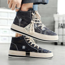 Load image into Gallery viewer, Exusiai Men High-Top Distressed Denim Skate Shoes Breathable Cloth Non-Slip Outdoor Casual Shoes Good Grip, Lace-Up Closure, Round Toe (Blue,8)