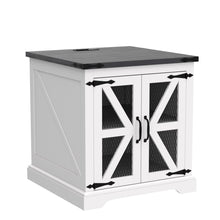 Load image into Gallery viewer, JXQTLINGMU Farmhouse End Table, 24" Large Sofa Side Table with Charging Station, Mesh Barn Door, and Adjustable Storage Shelf, Rustic Wood Square Nightstand for Living Room, Bedroom, Office, White
