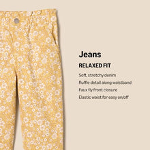 Load image into Gallery viewer, Amazon Essentials x Sofia Grainge Baby Girls' Straight Leg Jean with Ruffle, Light Yellow Delicate Floral, 6-9 Months