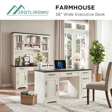 Load image into Gallery viewer, JXQTLINGMU 58" Executive Desk, Farmhouse Computer Desk with Drawers and Cabinet, Embossed Texture Home Office Desk, Workspace for Work Study Writing, Off White