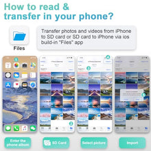 Load image into Gallery viewer, SD Card Reader for iPhone iPad, Dual USB-C & Lightning Connector Memory SD Card Adapter, Support SD/MicroSD Cards, High-Speed Trail Camera Viewer, Plug and Play