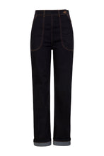 Load image into Gallery viewer, Hell Bunny Weston Denim Jeans 40s 50s Vintage Retro Rockabilly Trousers Pants - Navy Blue (L)