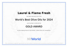 Load image into Gallery viewer, Laurel & Flame Fresh - Extra Virgin Olive OIl - Polyphenol Rich (823 MG/KG) - USDA Organic - 56X Hydroxytyrosol Polyphenols - Early Harvest - Single Origin - Monovarietal - EVOO of the Year 2023 Award Winning - New Harvest - Cold Pressed (500 ml -16.9 fl