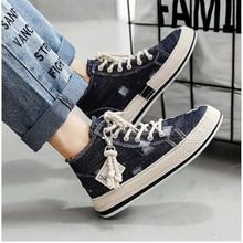 Load image into Gallery viewer, Exusiai Men High-Top Distressed Denim Skate Shoes Breathable Cloth Non-Slip Outdoor Casual Shoes Good Grip, Lace-Up Closure, Round Toe (Blue,8)