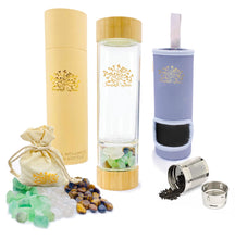 Load image into Gallery viewer, Simply Crystal Bamboo Water Bottle w/Infuser and carrying sleeve for hot and cold drinks. Luxury gift for women, yoga, and meditation with crystal mix (Clear Quartz, Tiger Eye, Green Fluorite)