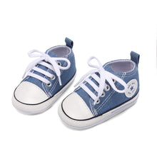 Load image into Gallery viewer, KKIIDDSS Unisex Baby Girls Boys Canvas High-top Shoes, Newborn Infant Anti-Slip Soft Sole Frist Walking Breathable Sneakers2 (A01/Little Blue Rubber Sole,6-12 Months)