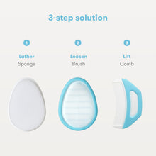Load image into Gallery viewer, Frida Baby The 3-Step Cradle Cap System, DermaFrida The FlakeFixer, Sponge, Brush, Comb and Storage Stand for Babies with Cradle Cap, White-Blue