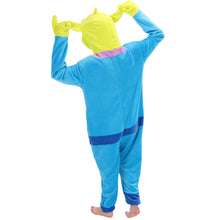 Load image into Gallery viewer, COSUSKET Fitted Unisex Adult Aliens Onesie Pajamas, Halloween Flannel Women's Cosplay One Piece Costume Green/Blue