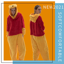 Load image into Gallery viewer, COSUSKET Fitted Unisex Adult Bear Onesie Pajamas, Halloween Flannel Women's Cosplay Animal One Piece Costume Red/Yellow