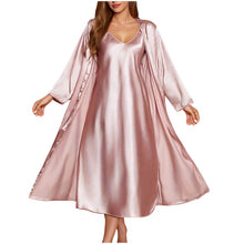 Load image into Gallery viewer, Satin Nightgown and Robe Sets for Women 2 Piece Sexy V-Neck Silk Slip Dress Long Chemise Sleepwear Pajamas with Belt Pink