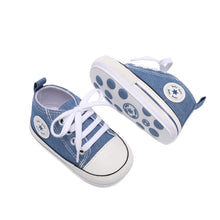 Load image into Gallery viewer, KKIIDDSS Unisex Baby Girls Boys Canvas High-top Shoes, Newborn Infant Anti-Slip Soft Sole Frist Walking Breathable Sneakers2 (A01/Little Blue Rubber Sole,6-12 Months)