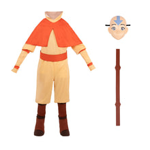 Load image into Gallery viewer, Avatar Aang Official Youth Deluxe Halloween Costume - Premium Quality Jumpsuit with Attached Cloak plus Belt, Mask, and Staff (M)