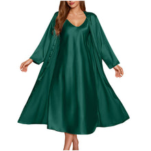 Load image into Gallery viewer, Satin Nightgown and Robe Sets for Women 2 Piece Sexy V-Neck Silk Slip Dress Long Chemise Sleepwear Pajamas with Belt Green