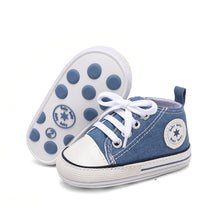Load image into Gallery viewer, KKIIDDSS Unisex Baby Girls Boys Canvas High-top Shoes, Newborn Infant Anti-Slip Soft Sole Frist Walking Breathable Sneakers2 (A01/Little Blue Rubber Sole,6-12 Months)