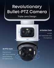 Load image into Gallery viewer, eufy Security eufyCam S4 2-Cam Kit, 4K Solar Wireless Outdoor Security System,3-Lens Bullet-PTZ cam, 360° Coverage,Cross-Cam Track, AI Facial Recognition, 8X Zoom,0 Monthly Fee,Expandable up to 16TB