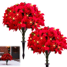 Load image into Gallery viewer, 2PCS Artificial Poinsettia Flower Topiary Trees with Lights,Christmas Topiary Balls Trees with Ground Spike,Pre-Lit Christmas Tree Urn Filler,UV Resistant Faux Poinsettias Bush for Porch,Yard Decor
