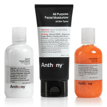 Load image into Gallery viewer, Anthony Face It & Go Kit, Set Includes Glycolic Facial Cleanser 3.4 Fl Oz. All Purpose Facial Moisturizer 3 Fl Oz. Facial Scrub 3.4 Fl Oz.
