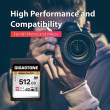 Load image into Gallery viewer, GIGASTONE 512GB SD Card, 4K Camera Pro MAX, A2 4K SDXC Memory Card High Speed 4K Ultra HD UHD Video Compatible with Canon Nikon Sony Pentax Kodak Olympus Panasonic Digital Camera, with 1 Mini case