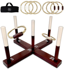 Load image into Gallery viewer, SWOOC Games - Rustic Ring Toss Game (All Weather) - Easy Setup & Extra Games Included - Outdoor Ring Toss Game for Adults and Kids - Yard Activity For Adults - Oversized Lawn Activity - Rope Throw Set