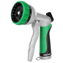 Load image into Gallery viewer, RESTMO Garden Hose Nozzle, Heavy Duty Metal Water Hose Nozzle with 7 Adjustable Spray Patterns, High Pressure Hand Sprayer with Flow Control for Watering Plants & Lawns, Washing Cars & Pets
