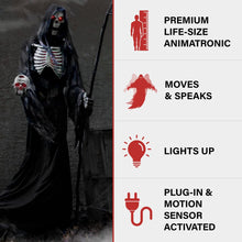Load image into Gallery viewer, Haunted Hill Farm 7.0-Ft. Motion-Activated Rotting Reaper Animatronic
