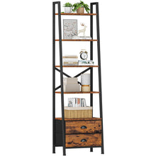 Load image into Gallery viewer, Furologee 5-Tier Ladder Shelf with 2 Drawers,Narrow Bookshelf Storage Shelves,Industrial Bookcase Freestanding Shelf Units for Bedroom,Living Room,Bathroom,Home Office,Balcony,Wood Metal,Rustic Brown