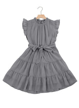 Load image into Gallery viewer, blibean Girl Short Sleeve Dress Tween Kid Summer Boho Ruffle Dresses Preteen Tiered Swing Outfit Solid Flowy Formal Party Fancy Clothes Size 8-9 Years Large Grey