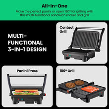 Load image into Gallery viewer, Chefman Electric Panini Press Grill, Compact 2-Slice Sandwich Maker, Non-Stick Coated Plates, Opens 180 Degrees, Dishwasher Safe, Removable Drip Tray, Stainless Steel/Black