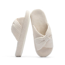 Load image into Gallery viewer, Chantomoo Slippers for Women Memory Foam House Bedroom Corduroy Bow Crossbands Slipper Shoes Comfy Trendy Gift Slippers Beige Size 7 8 6.5