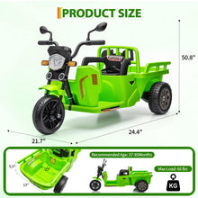Load image into Gallery viewer, 3-Wheels Electric Tricycle w/Trailer, 12V Battery Powered Kids Motorcycle with Sand Shovel, 2x55W Motors, Bluetooth, Music, Headlight, Ride on Motorcycle for Kids Toddlers, Gift for Boys Girls, Green