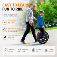 Load image into Gallery viewer, KINGSONG 14DPro Electric Unicycle: UL2272 Certified, 30km/h Top Speed, 32° Climbing, 800W Rated / 2400W Max Power, 420Wh Battery – Self-Balancing One Wheel EUC for Adults & Teens Commuting (Black)