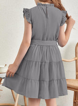 Load image into Gallery viewer, blibean Girl Short Sleeve Dress Tween Kid Summer Boho Ruffle Dresses Preteen Tiered Swing Outfit Solid Flowy Formal Party Fancy Clothes Size 8-9 Years Large Grey