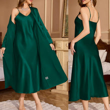Load image into Gallery viewer, Satin Nightgown and Robe Sets for Women 2 Piece Sexy V-Neck Silk Slip Dress Long Chemise Sleepwear Pajamas with Belt Green