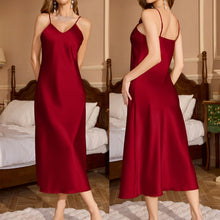 Load image into Gallery viewer, Satin Nightgown and Robe Sets for Women 2 Piece Sexy V-Neck Silk Slip Dress Long Chemise Sleepwear Pajamas with Belt Wine