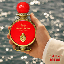 Load image into Gallery viewer, AHUJA Almond Saffron – 3.4 oz Parfum | Unisex Warm Floral Saffron Scent | 30% Long Lasting Oil | Saffron, Jasmine, Orange Blossom, Rose, Ambergris, Cedarwood | Luxury Orange Gift Box