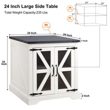 Load image into Gallery viewer, JXQTLINGMU Farmhouse End Table, 24" Large Sofa Side Table with Charging Station, Mesh Barn Door, and Adjustable Storage Shelf, Rustic Wood Square Nightstand for Living Room, Bedroom, Office, White