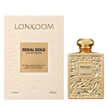 Load image into Gallery viewer, Lonkoom Regal Gold Unisex Perfume for Women Men, Fruity Gourmand Eau De Parfum Spray Long-Lasting Fragrance 3.4 Fl Oz/100ml, Tropical Notes of Orchid Heliotrope Tangerine Vanilla Musk Sandalwood