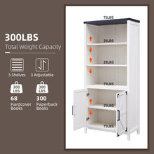 Load image into Gallery viewer, JXQTLINGMU 70" Farmhouse 5-Tier Storage Bookshelf-Bookcase with Adjustable Shelves & Barn Door, Kitchen Pantry Bathroom Organizer, Storage Cabinet for Living Room, Dining Room (White)