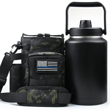 Load image into Gallery viewer, 1 Gallon Insulated Water Bottle with Sleeve - 128 Oz Stainless Steel Water Jug with Handle - Wide Mouth Water Flask with Camo Tactical Carrying Bag for Outdoors, Sport, Gym, Hiking (Black)
