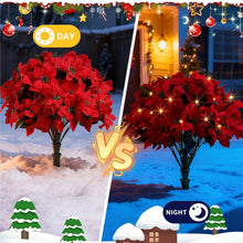 Load image into Gallery viewer, 2PCS Artificial Poinsettia Flower Topiary Trees with Lights,Christmas Topiary Balls Trees with Ground Spike,Pre-Lit Christmas Tree Urn Filler,UV Resistant Faux Poinsettias Bush for Porch,Yard Decor
