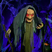 Load image into Gallery viewer, Haunted Hill Farm Life-Size Scary Poseable Talking Witch, Halloween Animatronic with Touch Activated Lights and Sound, Battery Operated Indoor or Covered Outdoor Halloween Decorations, Halloween Prop