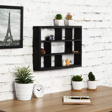 Load image into Gallery viewer, MyGift 9 Compartment Modern Black Solid Wood Shadow Box, Wall Mountable Curio Display Case, Freestanding or Floating Shelf for Collectible Figurines, Succulents