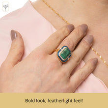 Load image into Gallery viewer, MAX + STONE 9.6 Carat Big Malachite Gemstone Ring with Blue Enamel | 14K Gold over Sterling Silver Green Malachite Rings for Women | Hypoallergenic May Birthstone Malachite Statement Ring