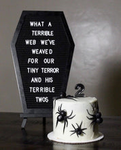 Load image into Gallery viewer, Coffin Letter Board Black With Spooky and All Seasons Emojis +500 Characters, and Wooden Stand - 17x10.5 Inches - Halloween Decorations Gothic Decor Spooky Gifts