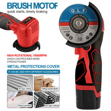 Load image into Gallery viewer, ZFULVO Cordless Brush Angle Grinder Kit, 19500rpm Mini Electric Angle Grinding Tool with 2pcs 16.8V 2000mAh Batteries and 6-Cutting Discs, Grinder Handheld Cutter for Metal Wood